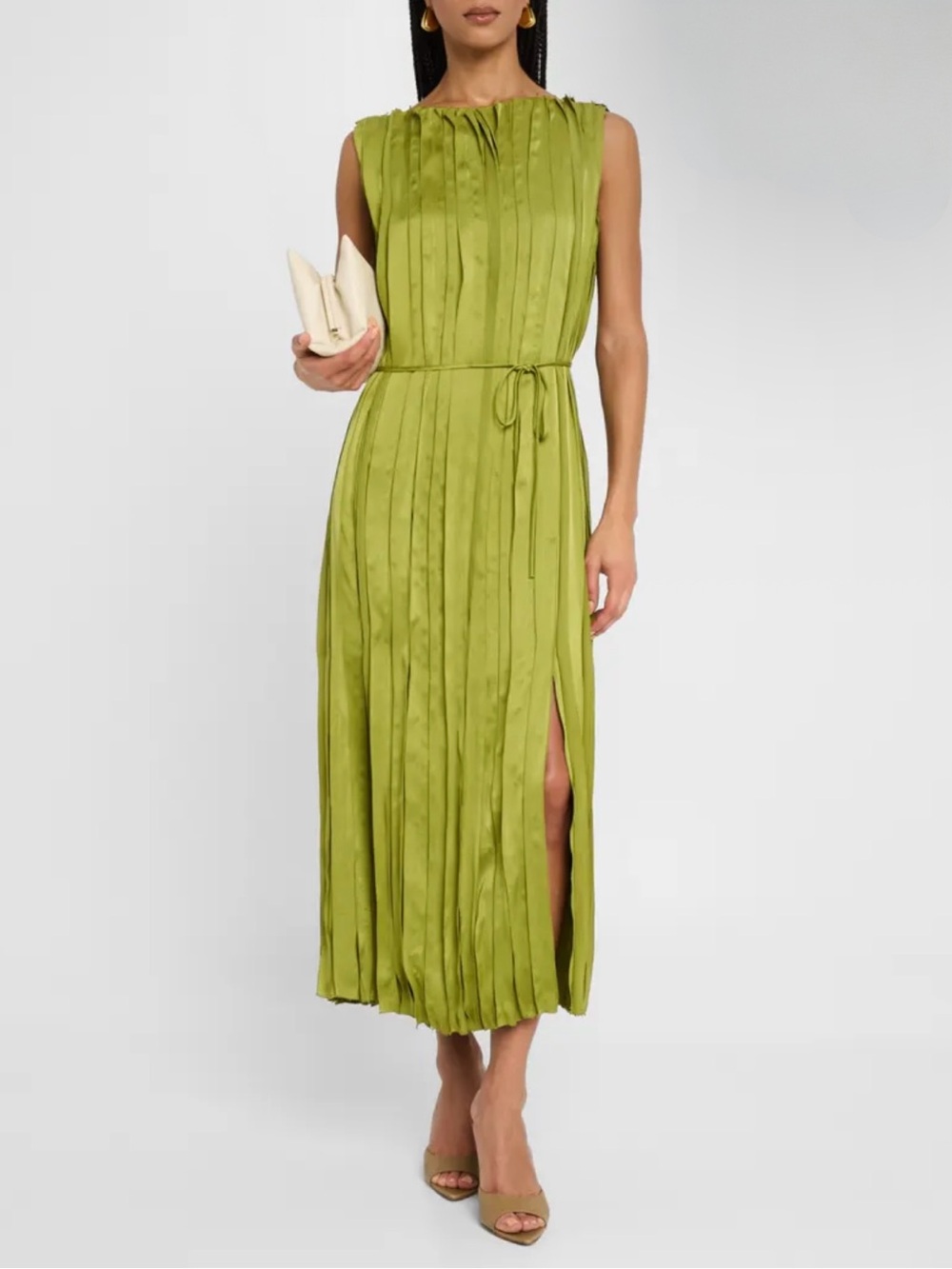 Lafayette 148 New York Sleeveless Satin Panel Midi Dress Kiwi Sz M $1,198 NEW